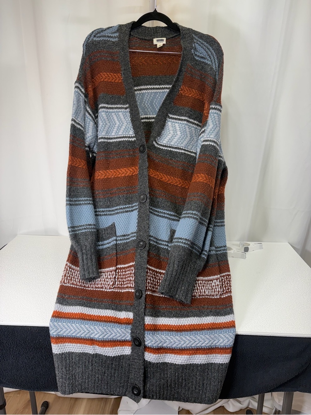 a.n.a Striped Button-Front Cardigan in Gray, Light Blue and Rust 4226